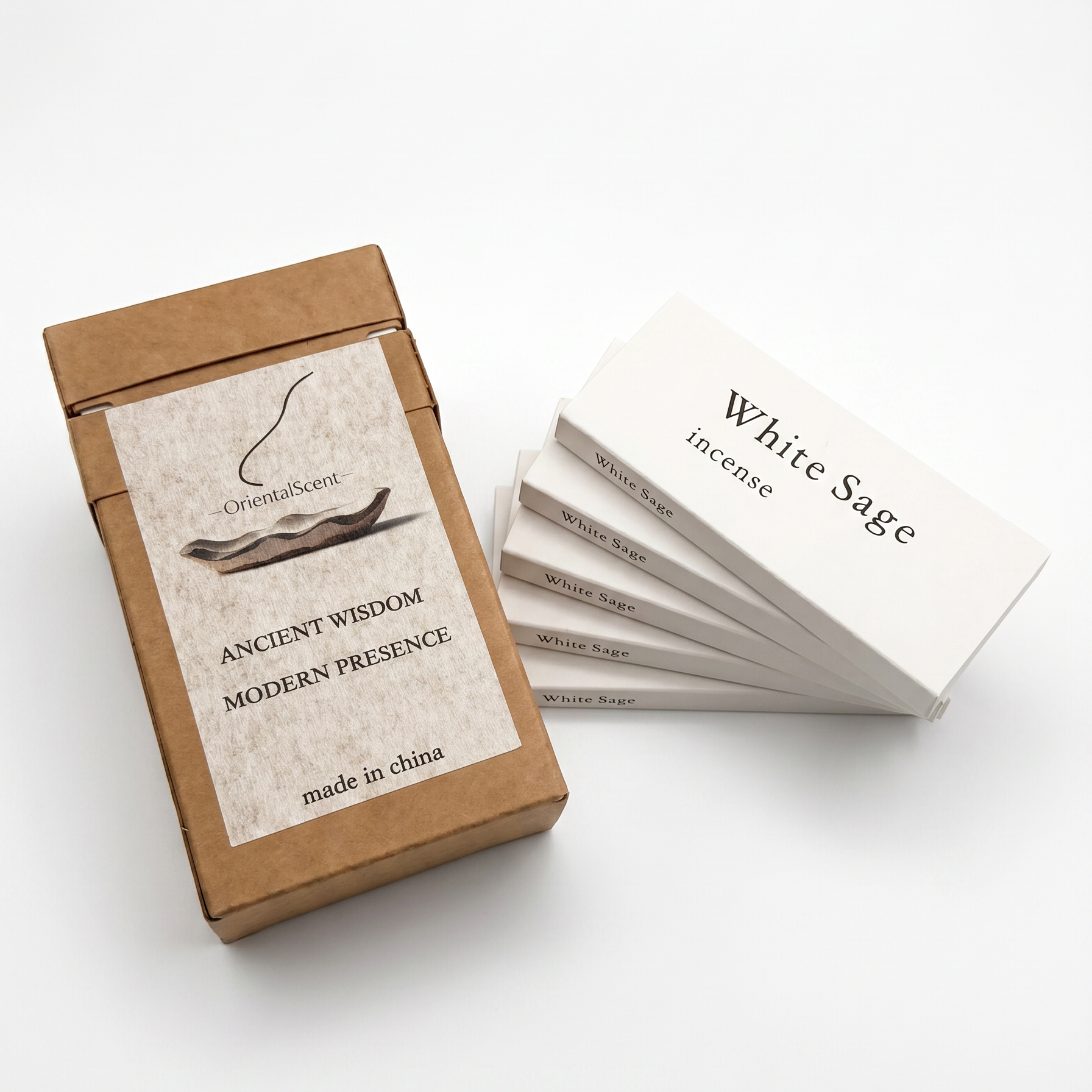 White Sage Incense Set — Clear & Purify — lifestyle photo showing incense burning with smoke trail — handcrafted natural incense by OrientalScent