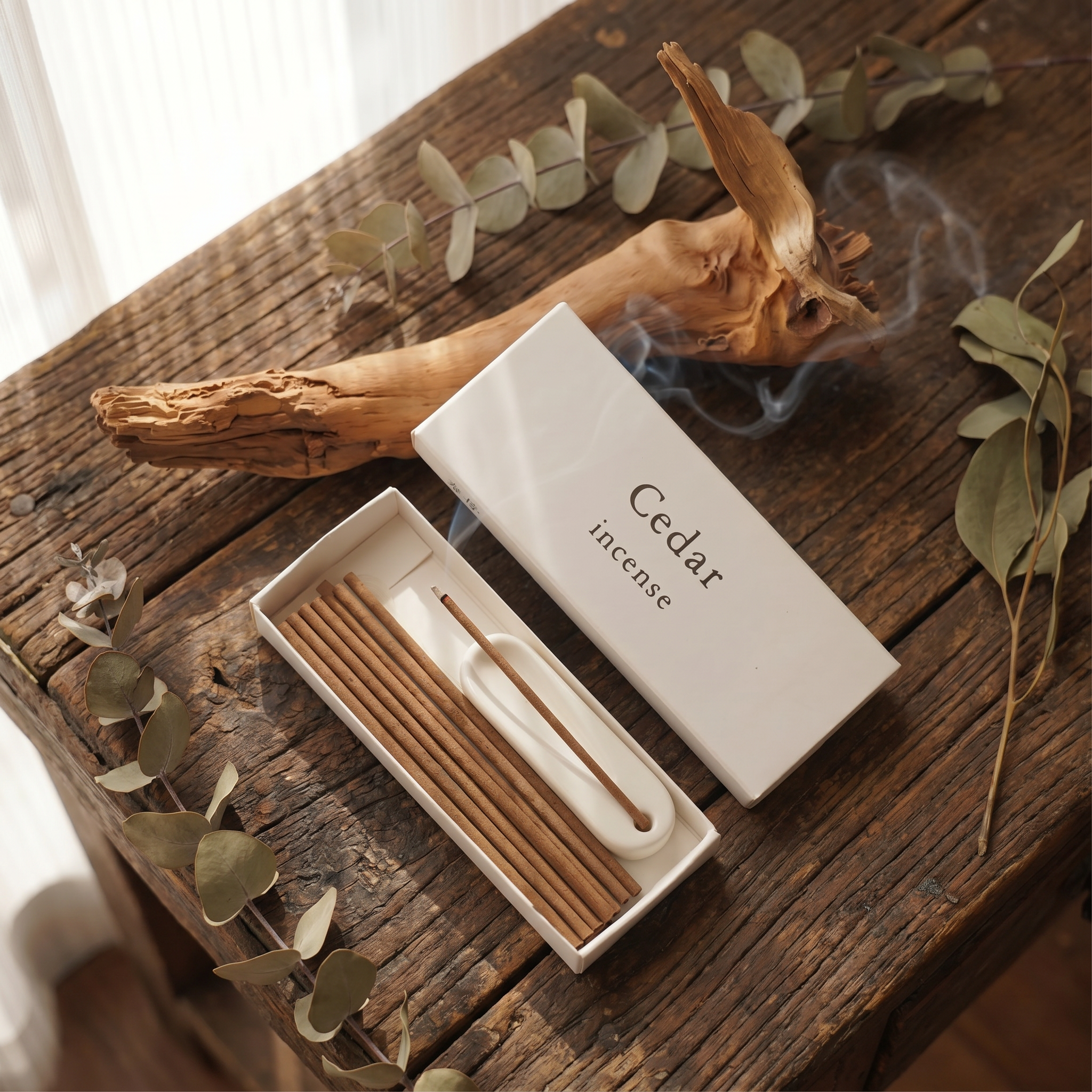 Cedarwood Incense Set — Fresh & Focused — closeup of hand-rolled incense sticks and alloy holder — handcrafted natural incense by OrientalScent