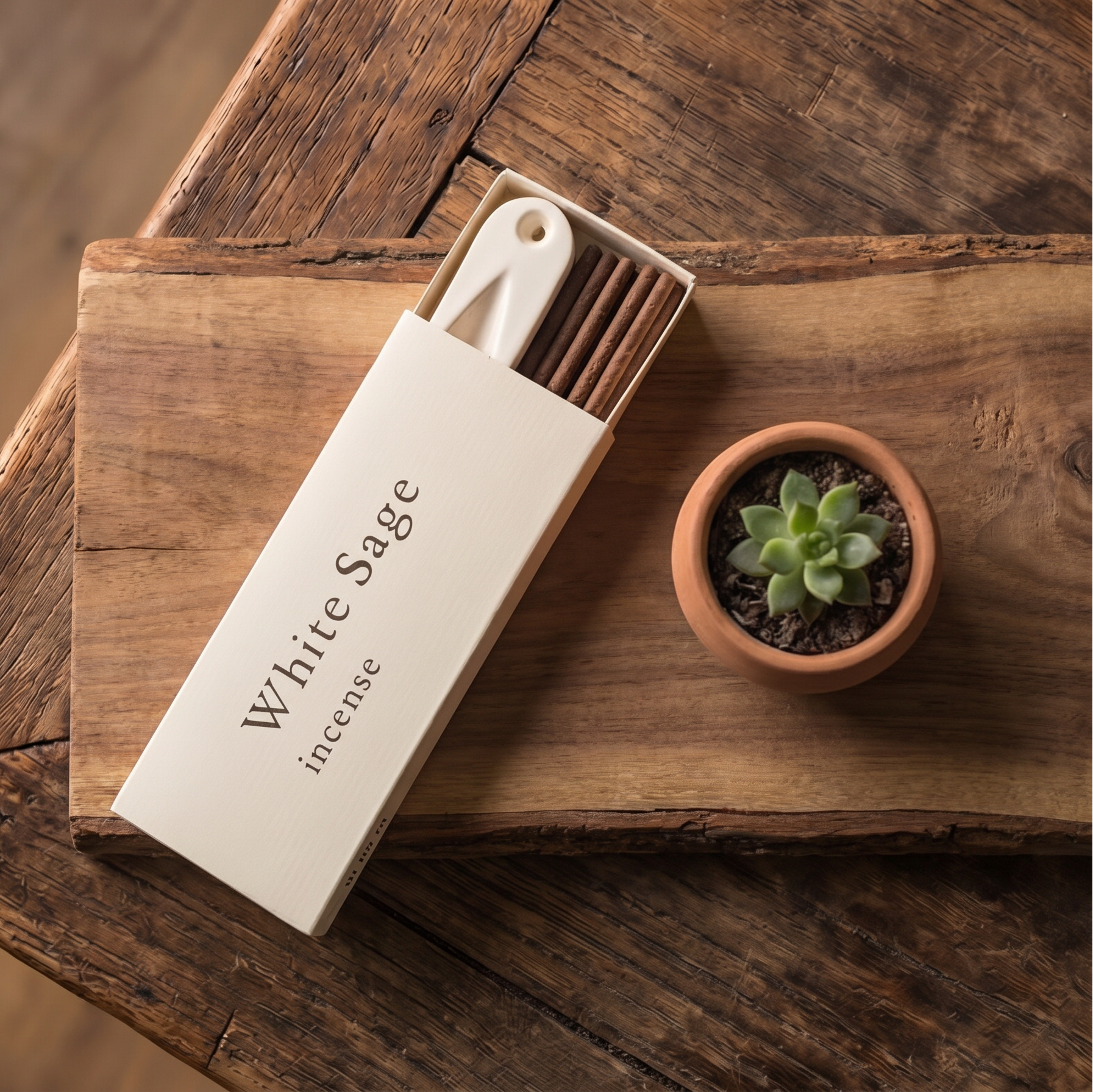 White Sage Incense Set — Clear & Purify — closeup of hand-rolled incense sticks and alloy holder — handcrafted natural incense by OrientalScent