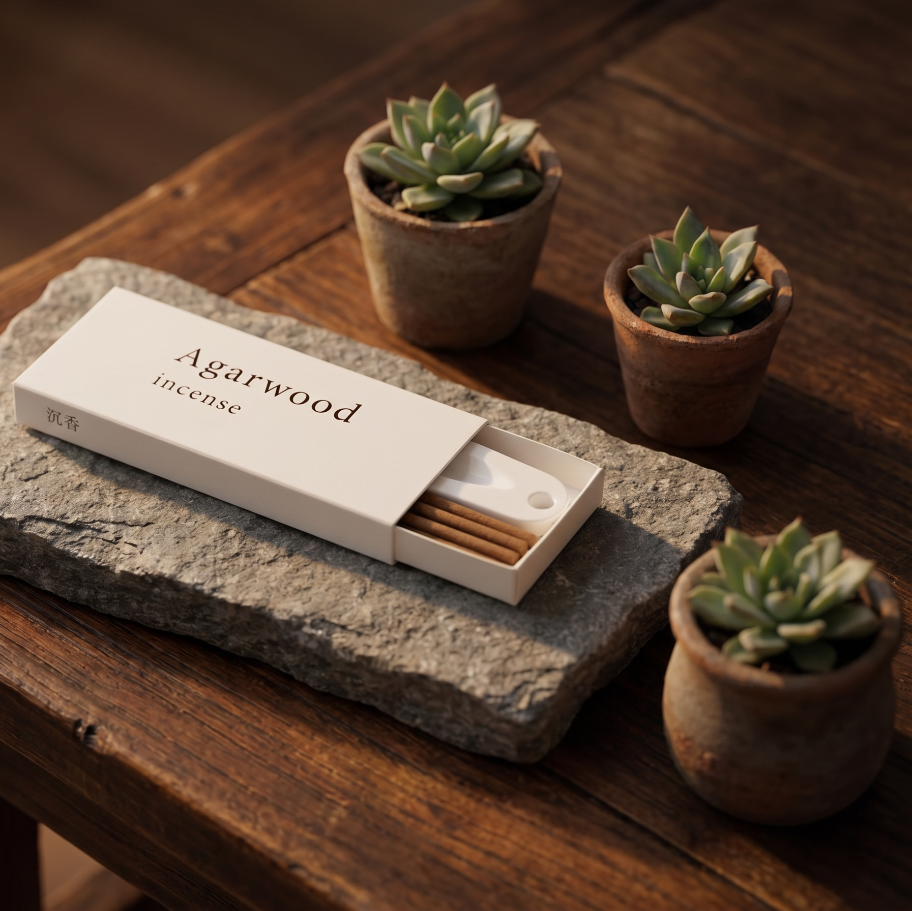 Agarwood (Oudh) Incense Set — Deep & Grounding — closeup of hand-rolled incense sticks and alloy holder — handcrafted natural incense by OrientalScent