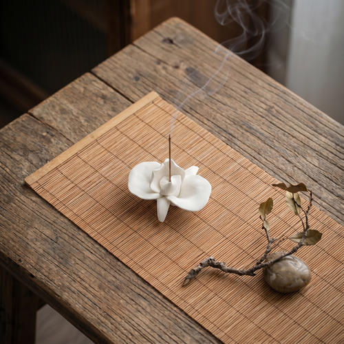 Handmade Butterfly Flower Ceramic Incense Holder — closeup displaying jade-like luster and hand-carved petal details — artisan ceramic incense holder by OrientalScent