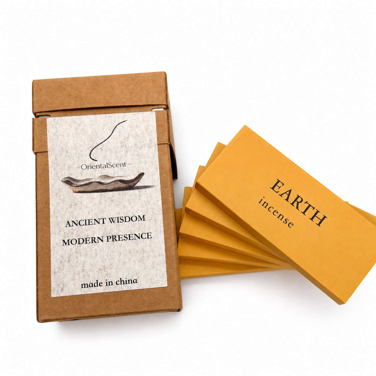 Earth Incense Set — Woody & Grounding — closeup of hand-rolled incense sticks and alloy holder — handcrafted natural incense by OrientalScent
