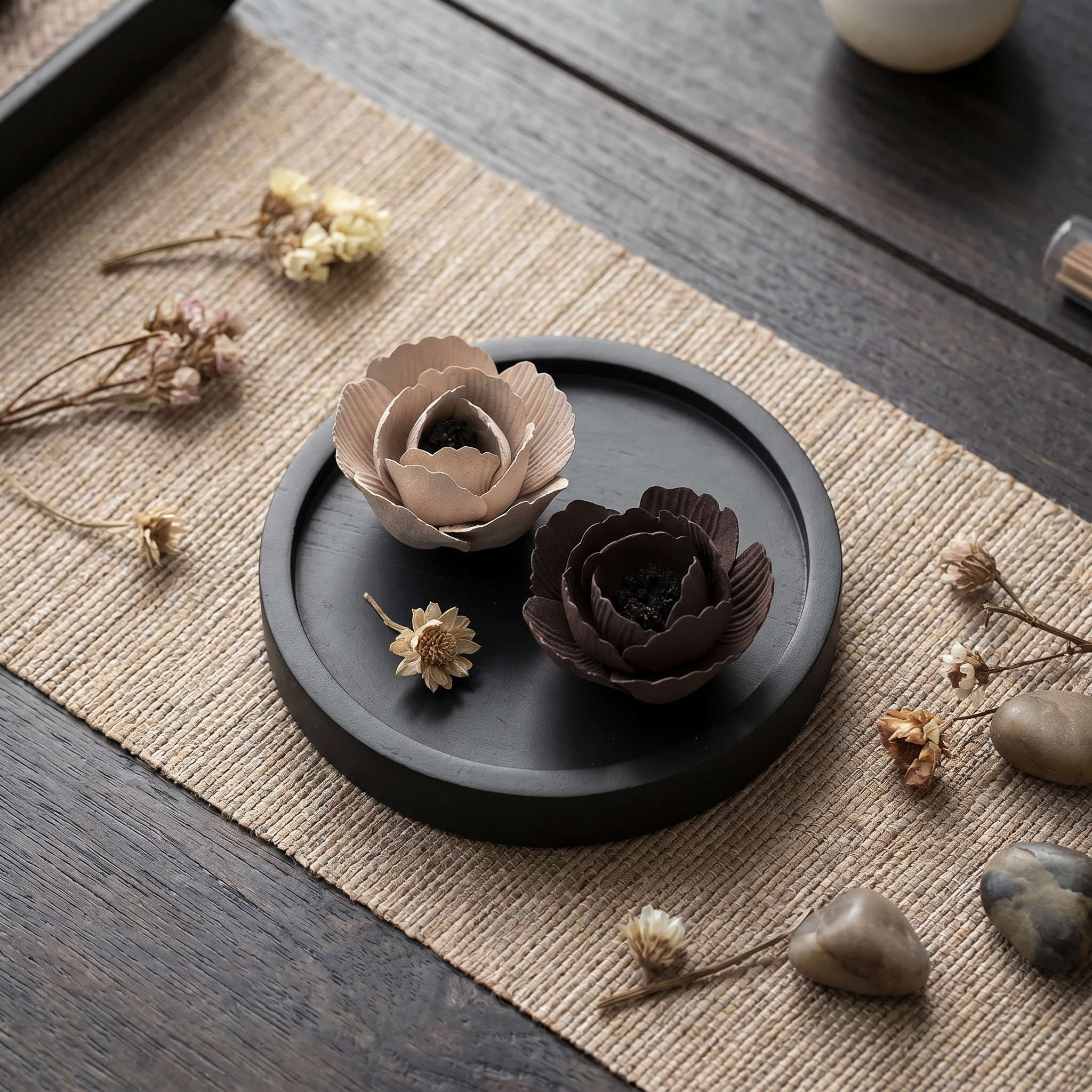Handmade Artisan Blooming Ceramic Incense Holder — with incense stick in place, showing functional two-piece design — artisan ceramic incense holder by OrientalScent
