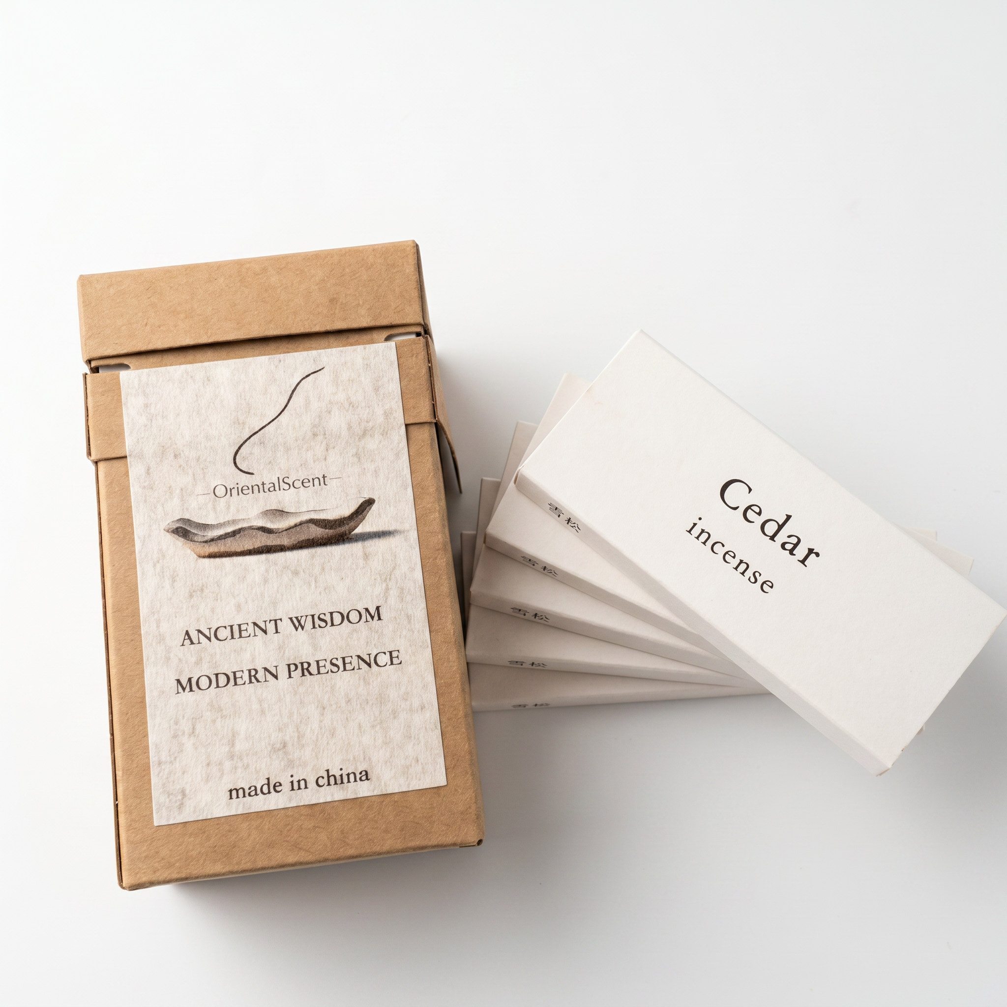 Cedarwood Incense Set — Fresh & Focused — lifestyle photo showing incense burning with smoke trail — handcrafted natural incense by OrientalScent