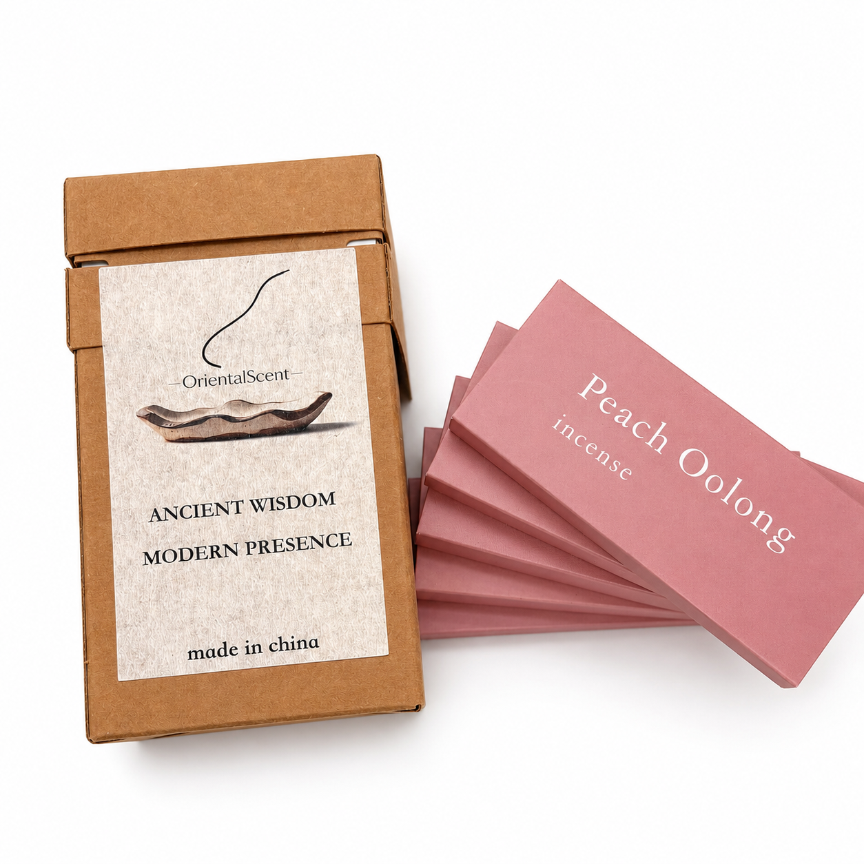 Peach Oolong Incense Set — Sweet & Mellow — closeup of hand-rolled incense sticks and alloy holder — handcrafted natural incense by OrientalScent