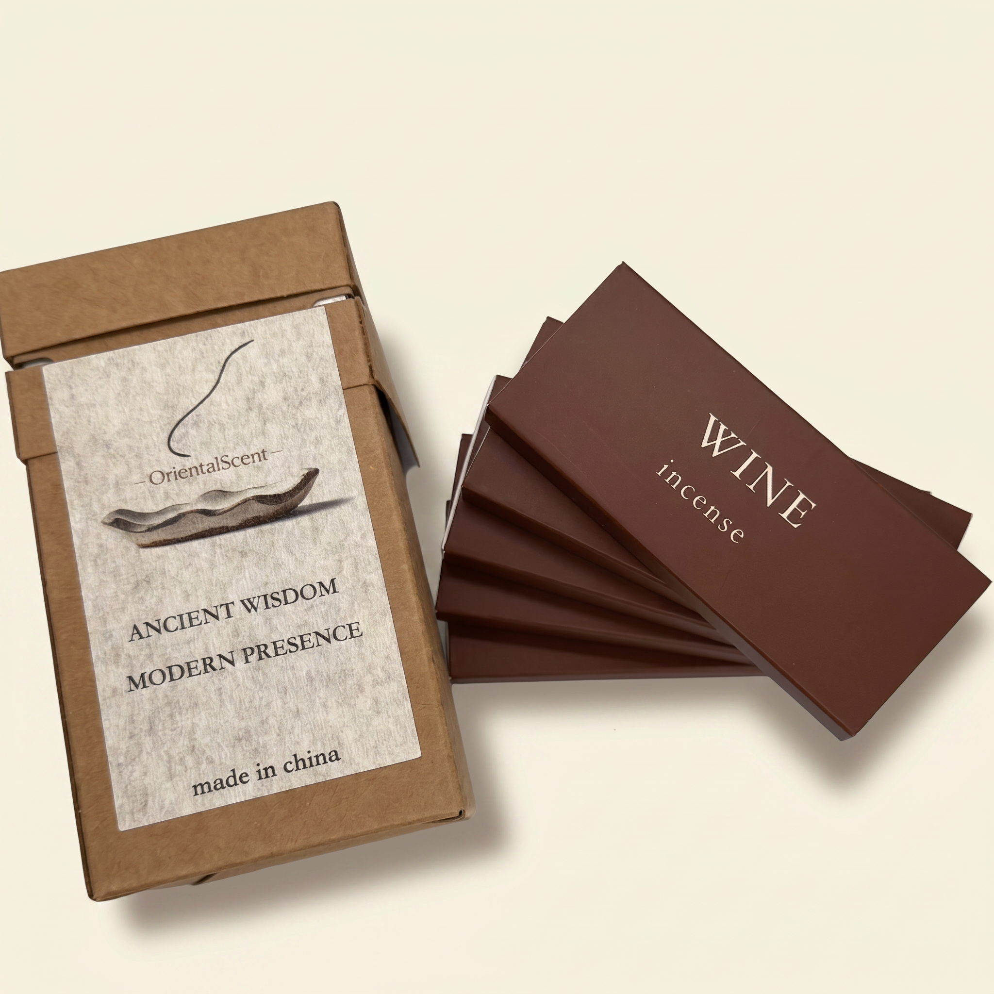 Red Wine Incense Set — Warm & Velvety — closeup of hand-rolled incense sticks and alloy holder — handcrafted natural incense by OrientalScent
