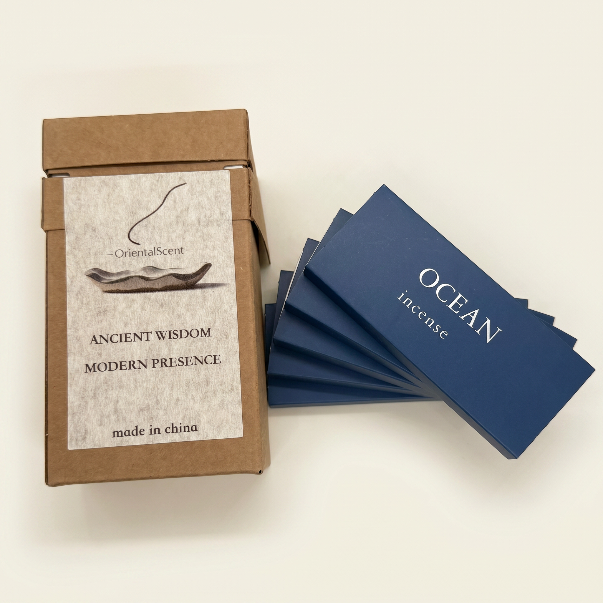 Ocean Breeze Incense Set — Fresh & Airy — closeup of hand-rolled incense sticks and alloy holder — handcrafted natural incense by OrientalScent