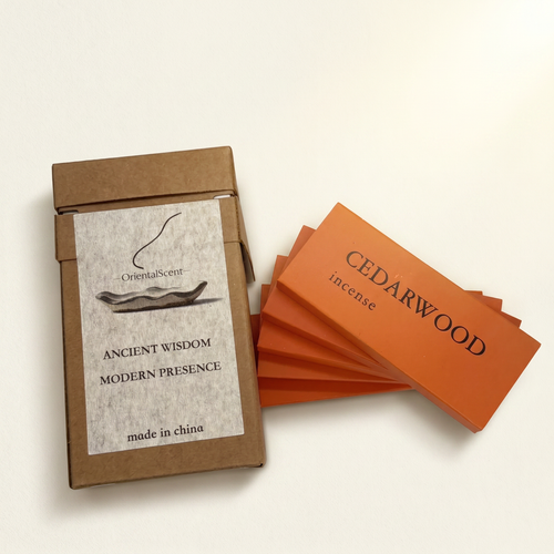 Cedarwood Forest Incense Set — Crisp & Woody — closeup of hand-rolled incense sticks and alloy holder — handcrafted natural incense by OrientalScent
