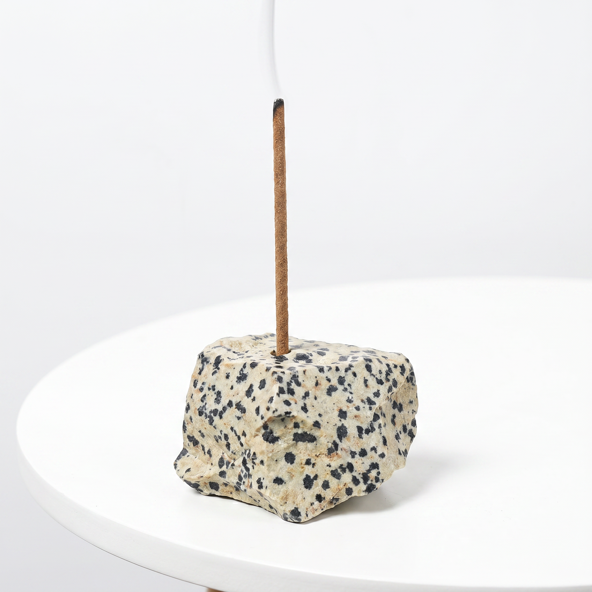 Natural Dalmatian Jasper raw stone incense holder — cream stone with black spot patterns — natural crystal home decor by OrientalScent