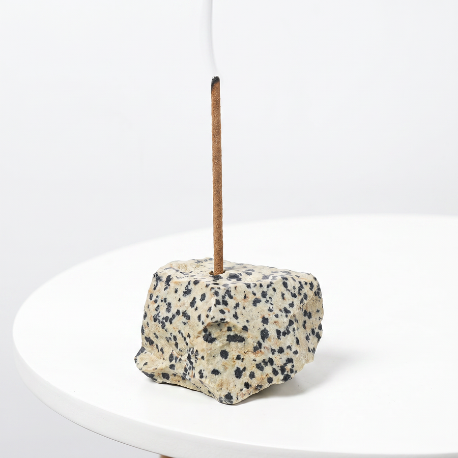 Natural Dalmatian Jasper raw stone incense holder — cream stone with black spot patterns — natural crystal home decor by OrientalScent