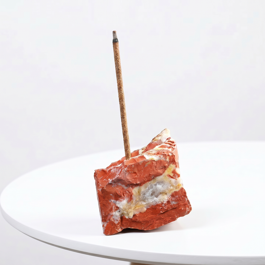 Natural Red Jasper raw stone incense holder — rich red stone with earthy bands — natural crystal home decor by OrientalScent