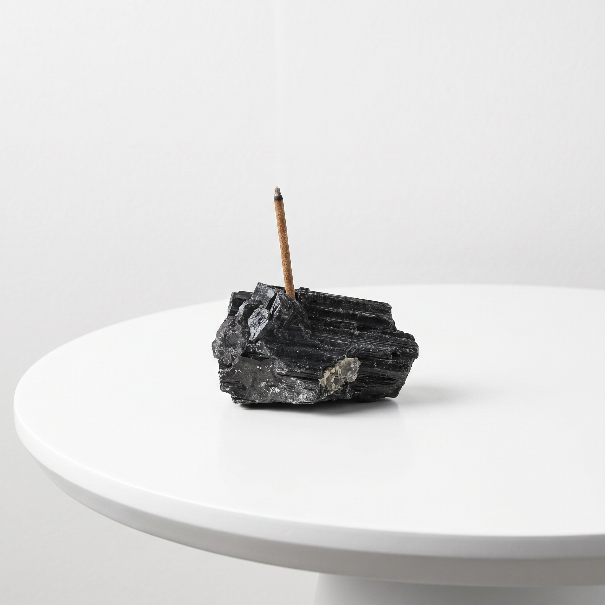 Natural Black Tourmaline raw stone incense holder — dark protective stone with striated texture — natural crystal home decor by OrientalScent