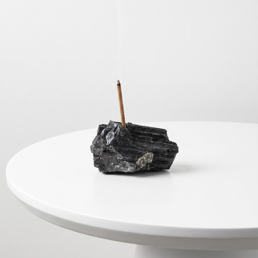 Natural Black Tourmaline raw stone incense holder — dark protective stone with striated texture — natural crystal home decor by OrientalScent