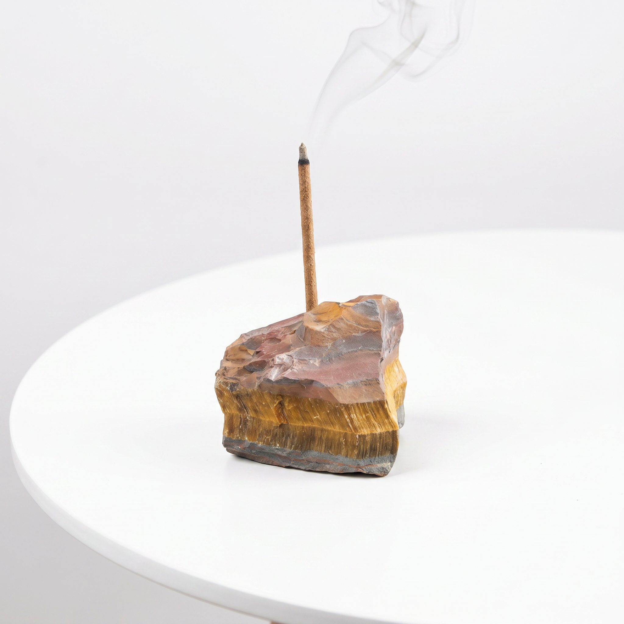 Natural Tiger's Eye raw stone incense holder — golden-brown chatoyant stone with banded patterns — natural crystal home decor by OrientalScent