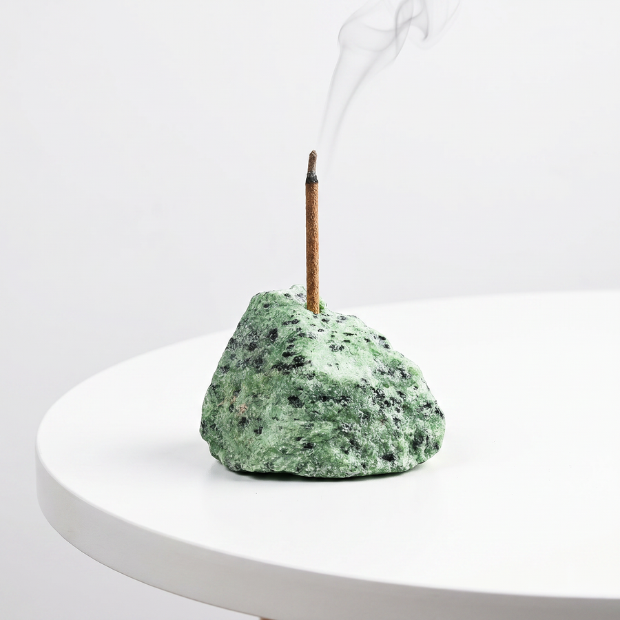 Natural Ruby in Zoisite raw stone incense holder — green zoisite matrix with embedded ruby crystals — natural crystal home decor by OrientalScent