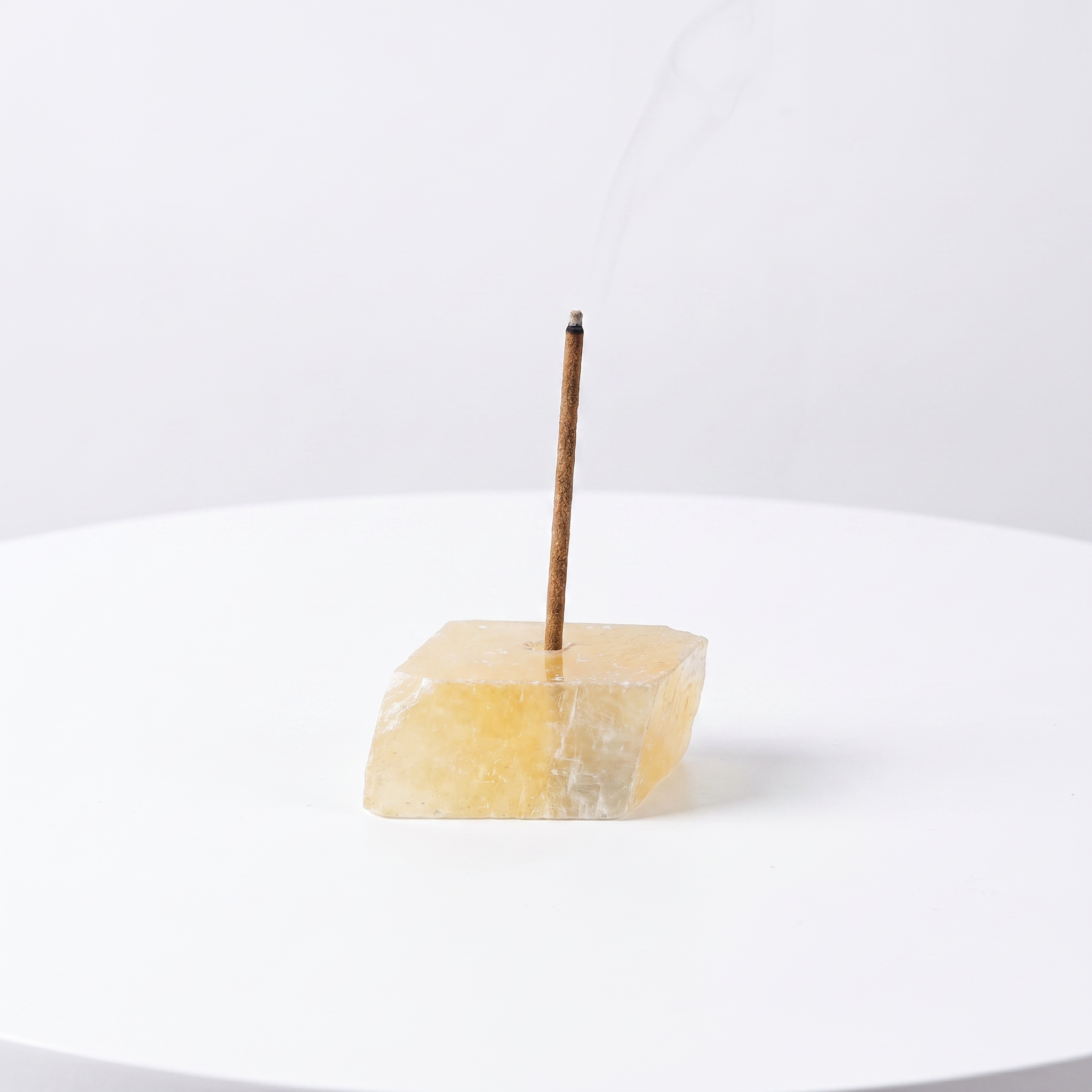 Natural Yellow Calcite raw stone incense holder — soft yellow mineral with translucent appearance — natural crystal home decor by OrientalScent