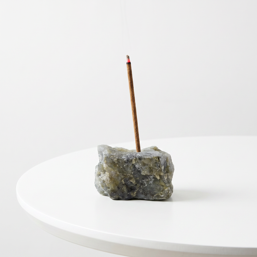 Natural Labradorite raw stone incense holder — grey stone with iridescent blue and gold flashes — natural crystal home decor by OrientalScent