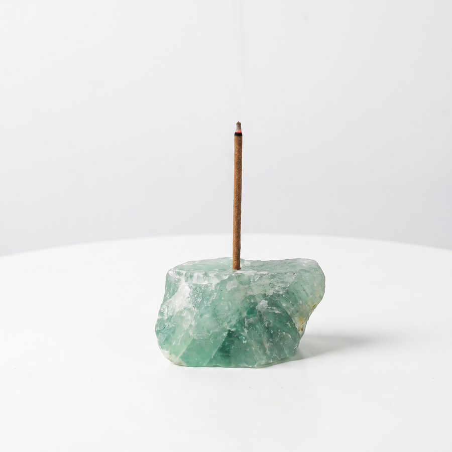 Natural Green Fluorite raw stone incense holder — green translucent mineral with cubic formations — natural crystal home decor by OrientalScent