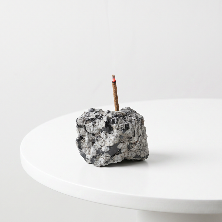 Natural Snowflake Obsidian raw stone incense holder — black volcanic glass with white snowflake patterns — natural crystal home decor by OrientalScent