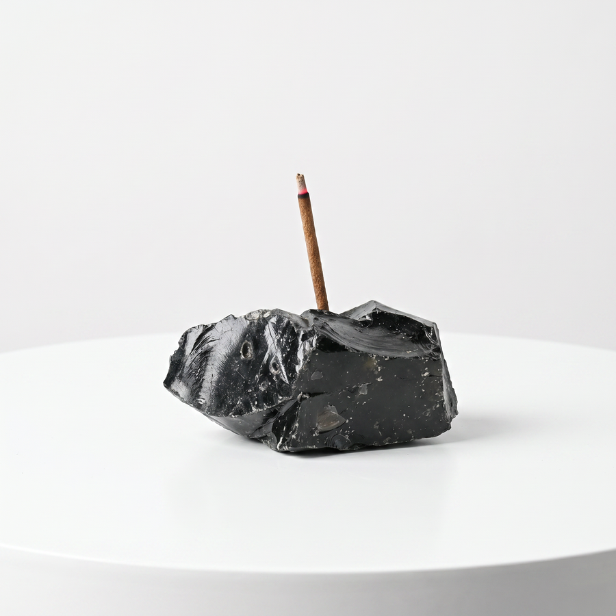 Natural Obsidian raw stone incense holder — deep black volcanic glass with smooth surface — natural crystal home decor by OrientalScent