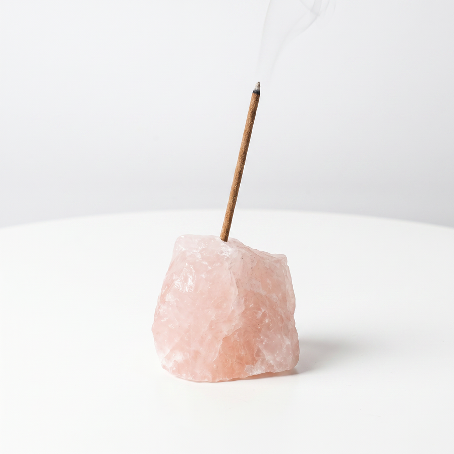 Natural Rose Quartz raw stone incense holder — soft pink crystal, stone of love — natural crystal home decor by OrientalScent