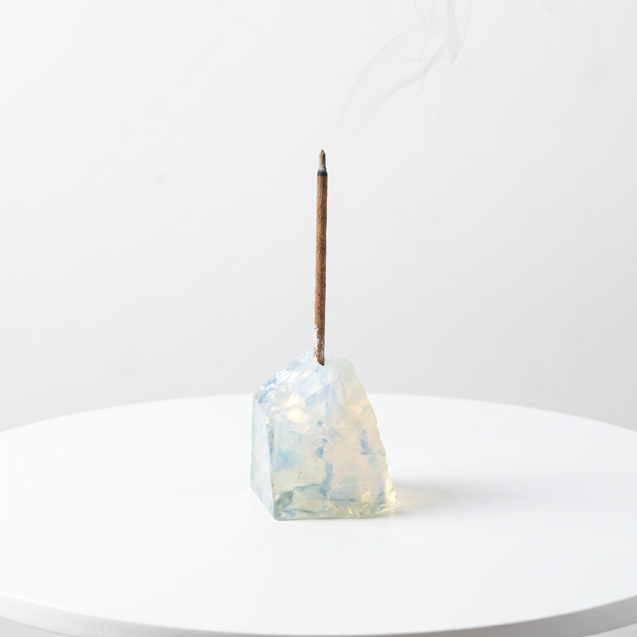 Natural Opalite raw stone incense holder — opalescent synthetic glass with milky blue sheen — natural crystal home decor by OrientalScent