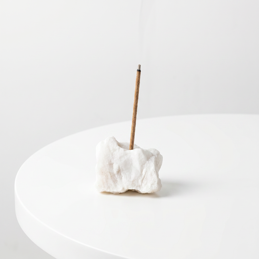 Natural White Marble raw stone incense holder — smooth white stone with grey veining — natural crystal home decor by OrientalScent