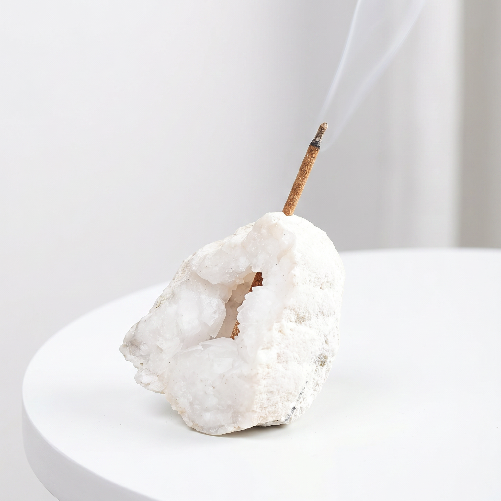 Natural White Crystal Geode raw stone incense holder — clear quartz crystal geode with sparkly interior — natural crystal home decor by OrientalScent